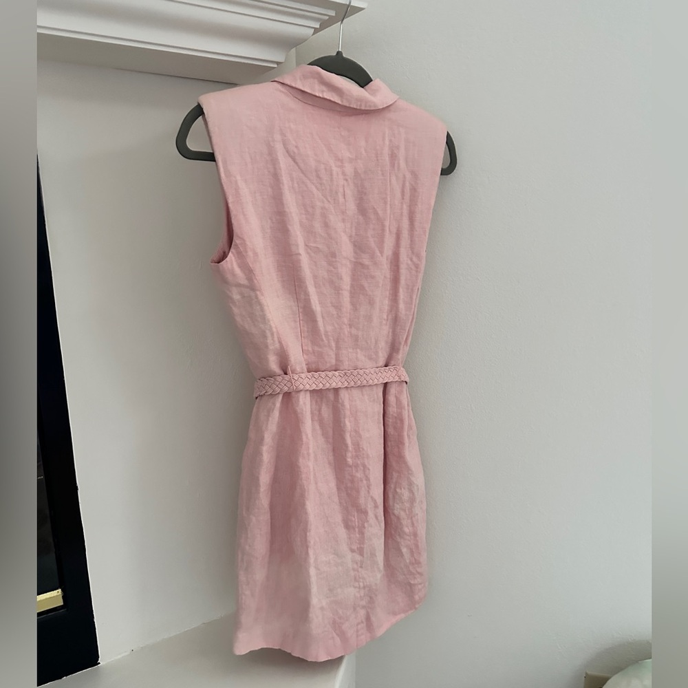 GUESS Light Pink Double-Breasted Linen Mini Dress w Woven Belt & Lucite buttons - Picture 5 of 5